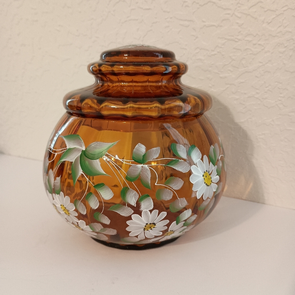 LG WRIGHT Amber Glass Daisy Hand Painted Lidded Candy Jar